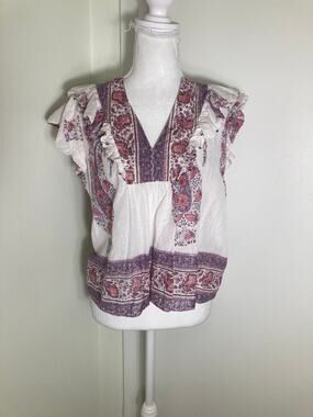 Bell White with Pink and Lavendar Block Print Top Sz M